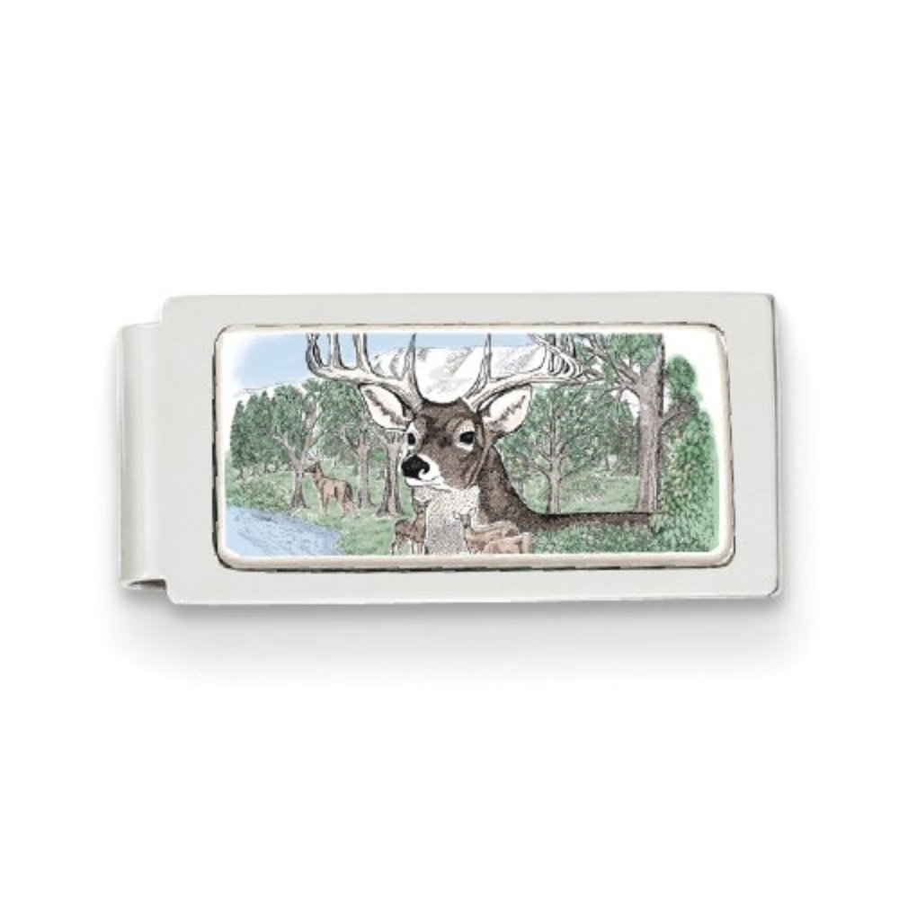Barlow Gift Boxed Deer Portrait Hinged Money Clip Silver Tone with Enamel